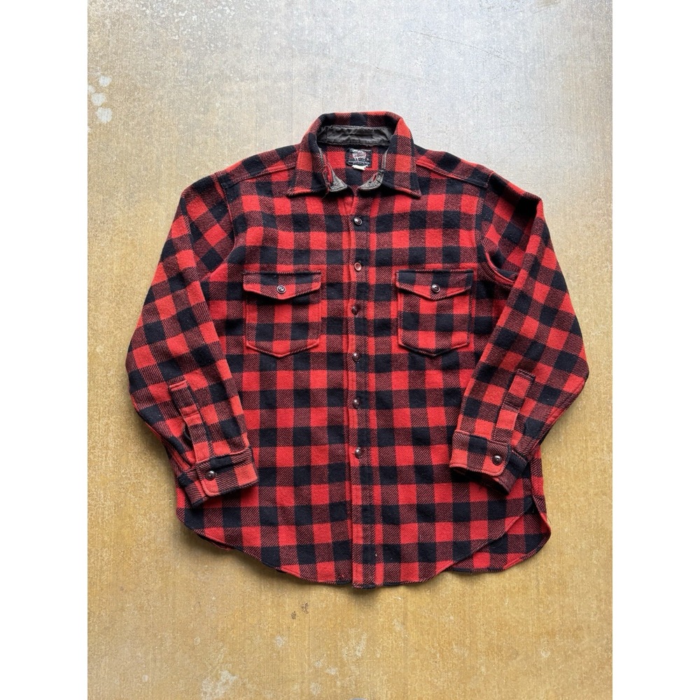 True Vintage 40s 50s Woolrich Red Plaid Wool Flannel Button Up Shirt Large USA
